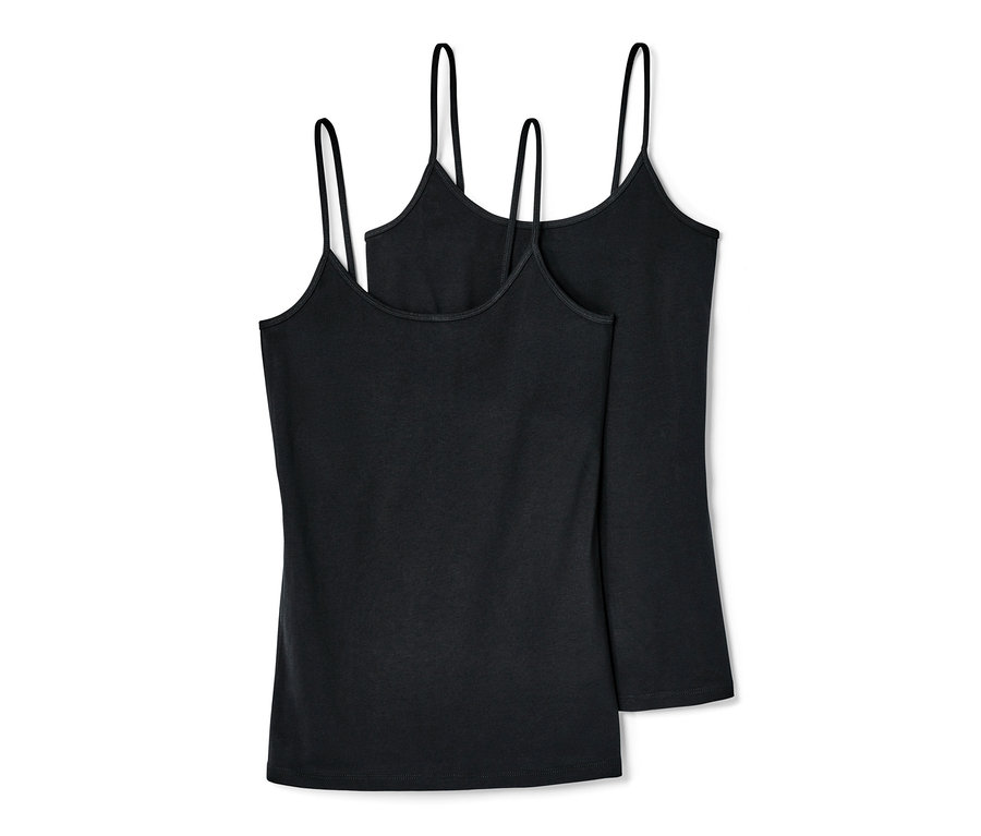 Dvě černá tílka se špagetovými ramínky, 2 ks, leží na sobě.