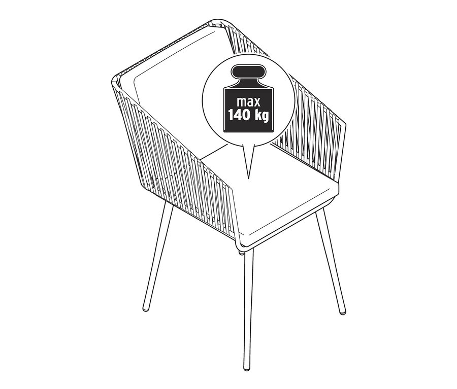 Nákres jídelního křesla s textilním výpletem a maximální nosností 140 kg.