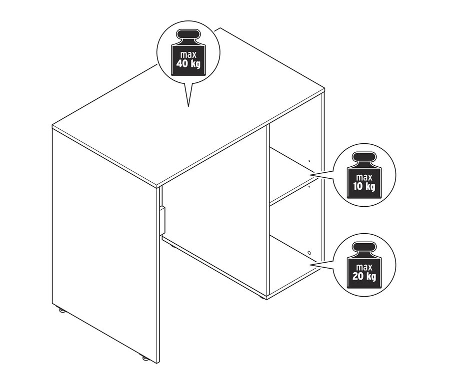 Nákres regálu na pračku s bočním úložným prostorem a s různou nosností.