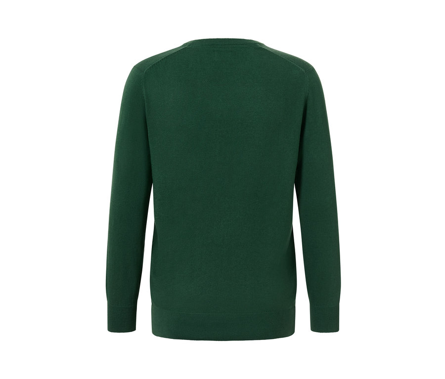 Tmavě zelený svetr s výstřihem do V zezadu.