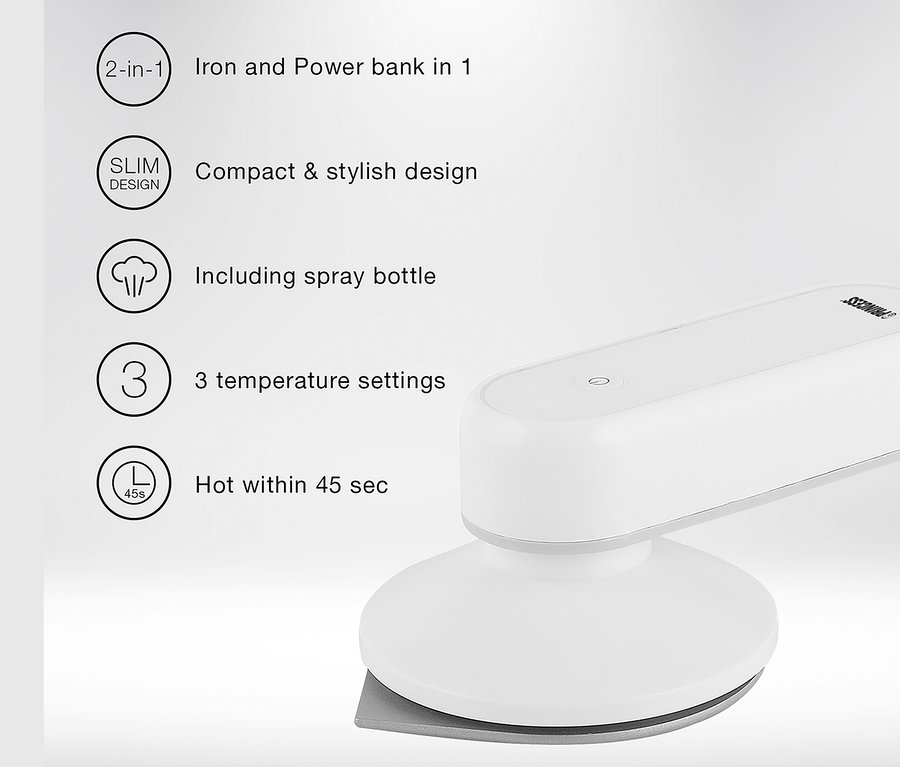 Detailní záběr na akumulátorovou žehličku Princess s powerbankou v bílé barvě.