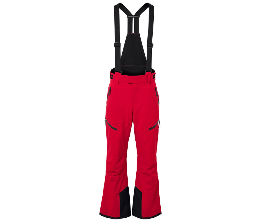 Červené lyžařské kalhoty s černými detaily a černými šlemi.