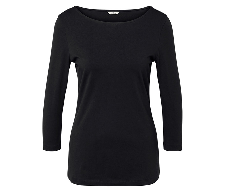 Černé tričko s 3/4 rukávy a kulatým výstřihem.