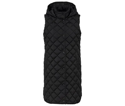 Černá prošívaná dlouhá vesta s kapucí a zapínáním na knoflíky.