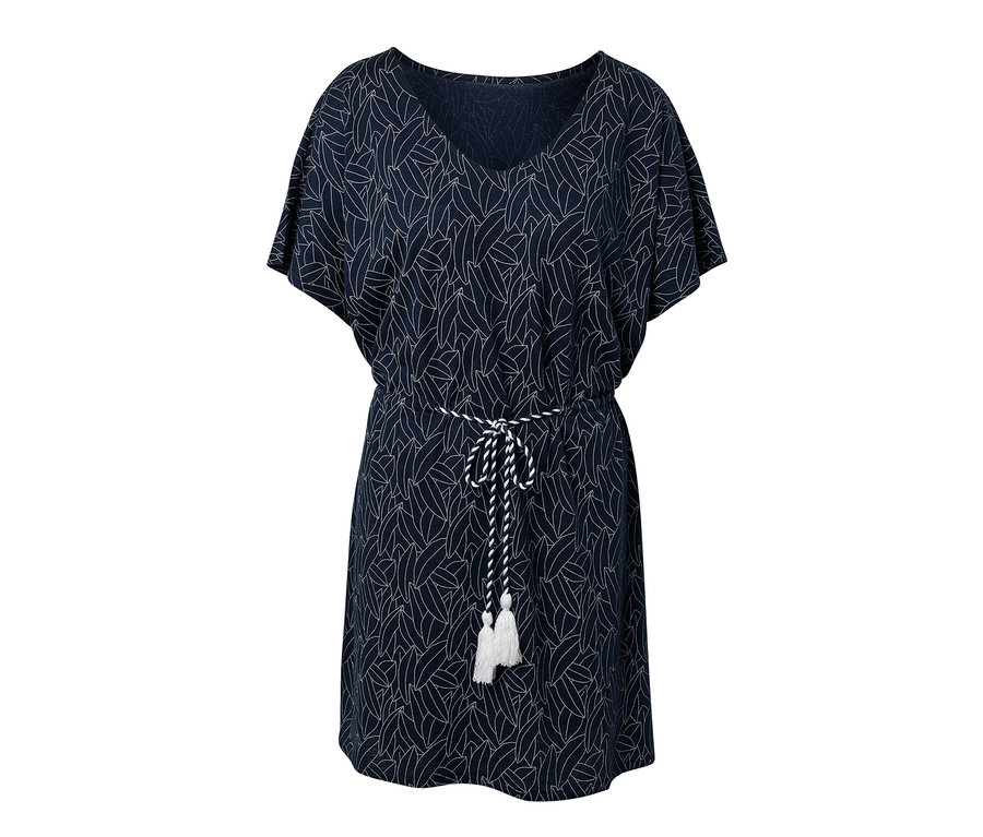Tmavě modrá plážová tunika s bílým listovým vzorem a šňůrkou v pase.