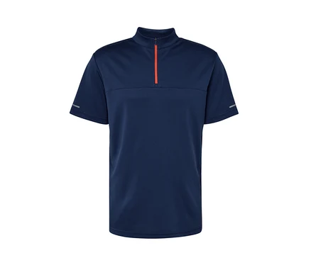 Modrý cyklistický trikot s krátkým rukávem a oranžovým zipem.