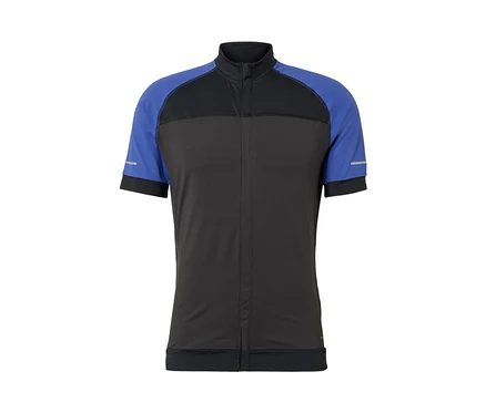 Modrý cyklistický trikot s krátkým rukávem.