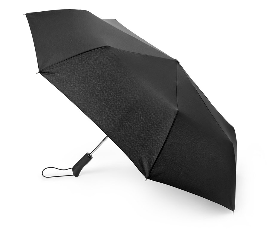 Černý automatický skládací deštník.