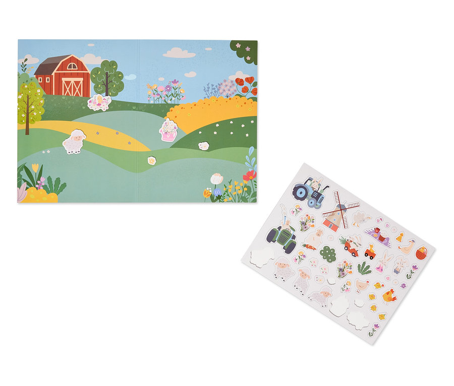 Otevírací hrací kniha s farmářskou scénou a samostatný list s nálepkami s hospodářskými zvířaty a vozidly.