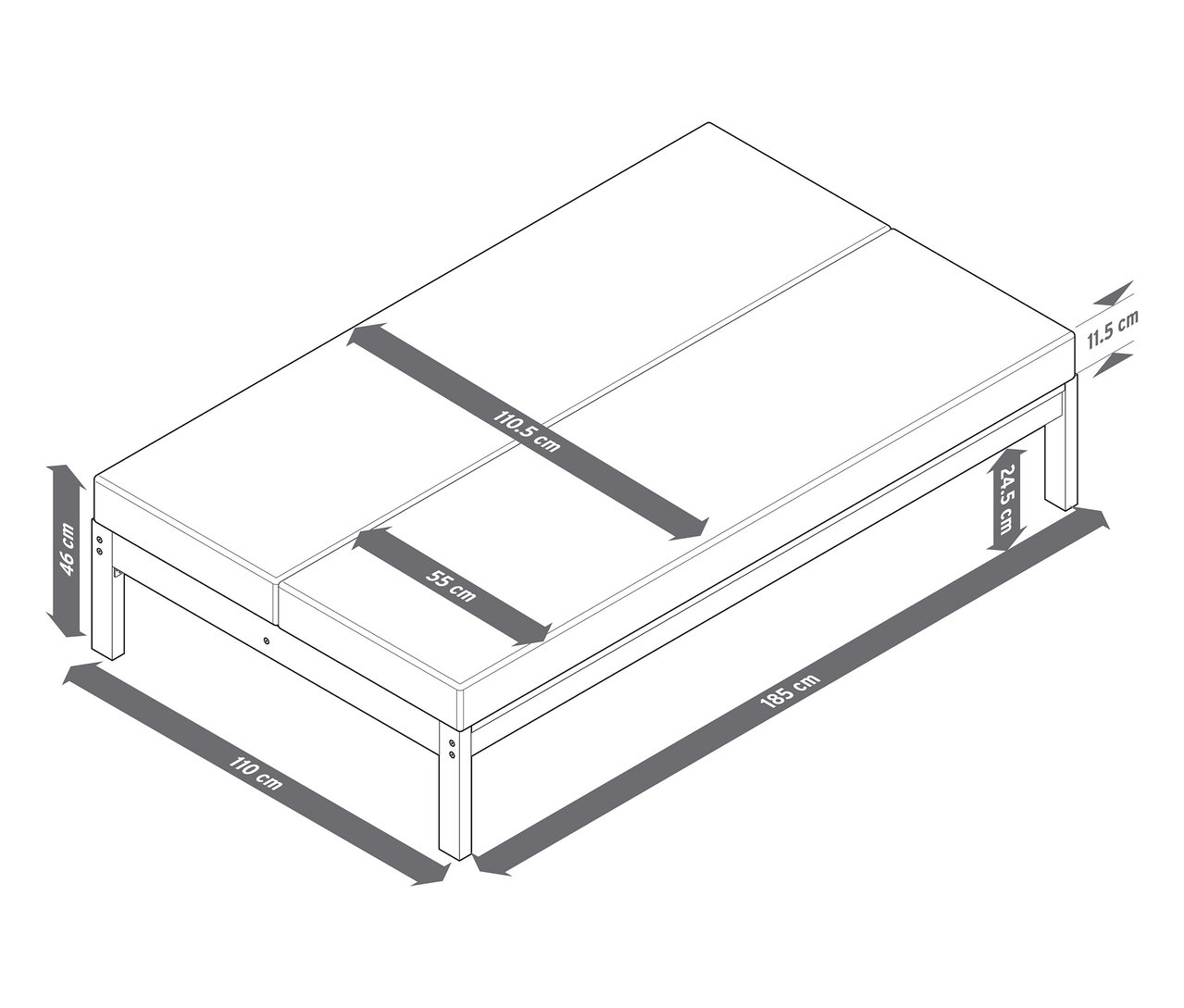 Zobrazená zahradní lavice 2 v 1 – dvojité lehátko s rozměry.