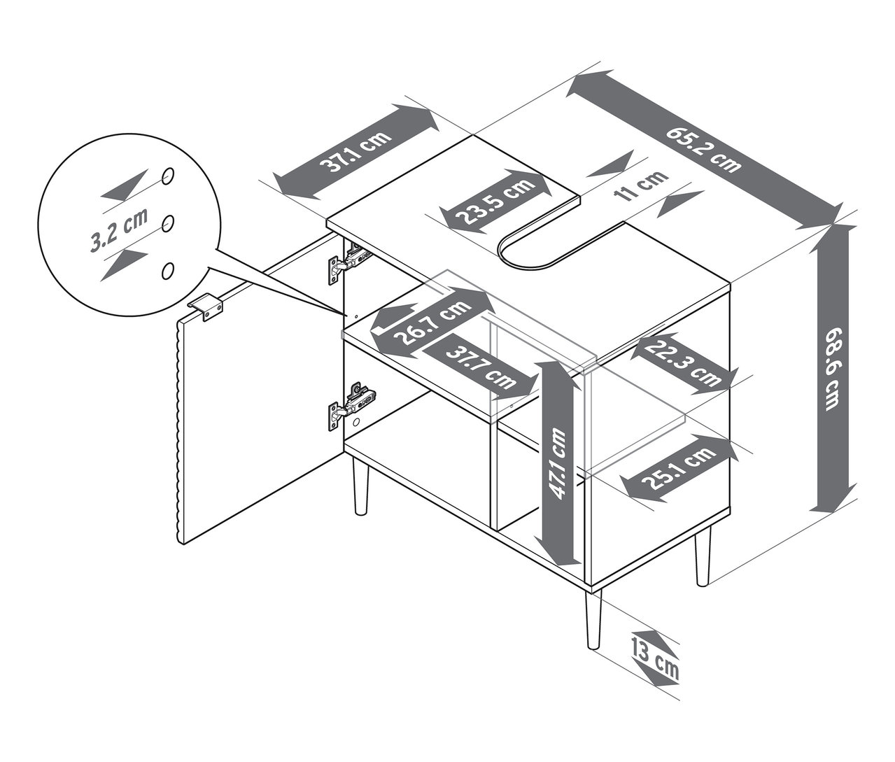 Detailní schematické znázornění skříňky pod umyvadlo »SONARI« s dvířky, včetně všech rozměrů.