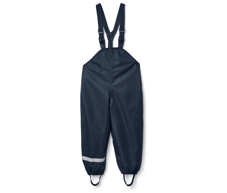 Tmavě modré nepromokavé kalhoty s šlemi a reflexními pruhy na nohavicích.