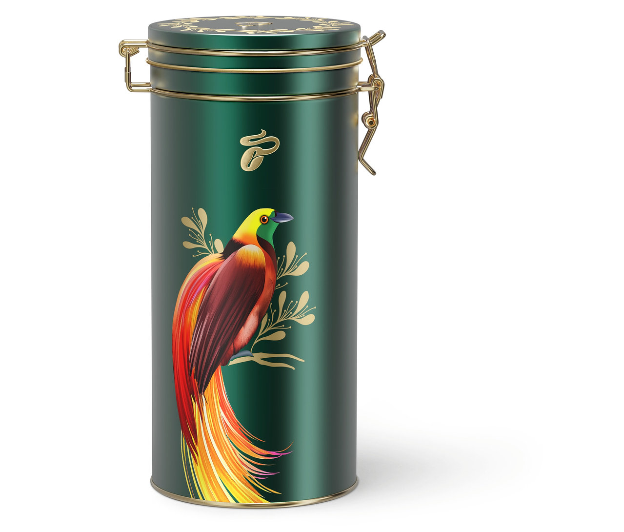 Zelená dóza na kávu se zlatými akcenty a barevným obrázkem ptáka.