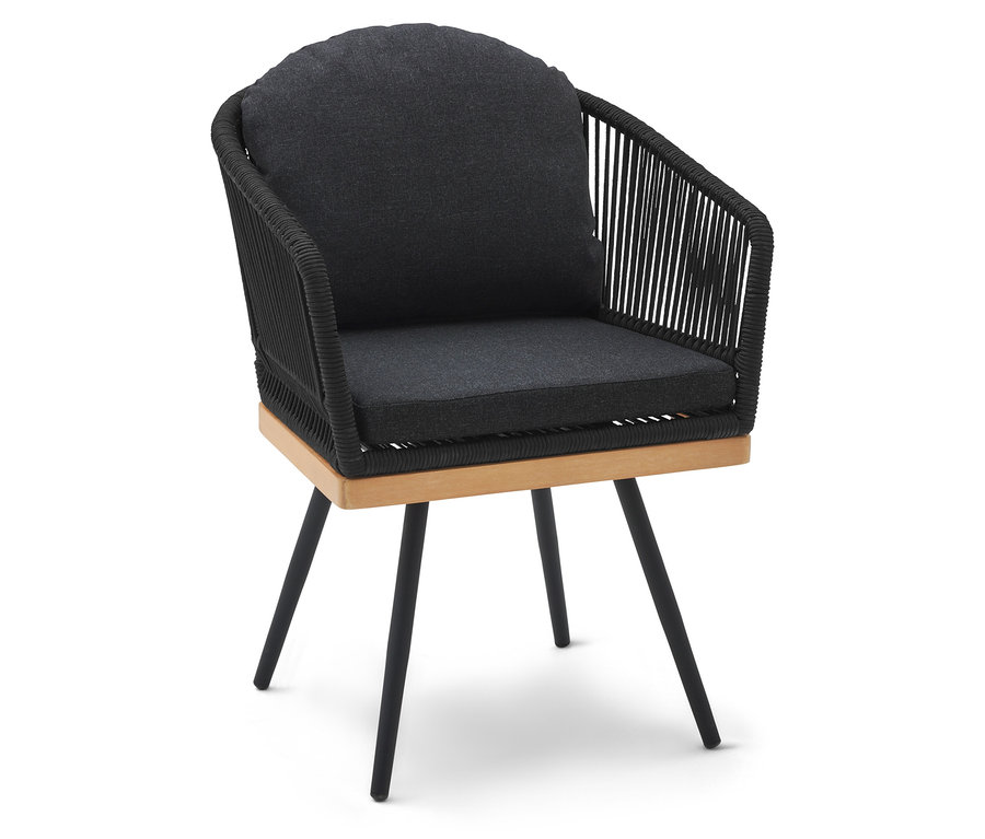 Otočná zahradní židle s textilním výpletem, černými nohami a šedými polštáři.