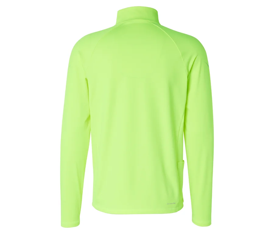 Pohled zezadu na neonově žlutý sportovní top s dlouhým rukávem a límcem na zip.