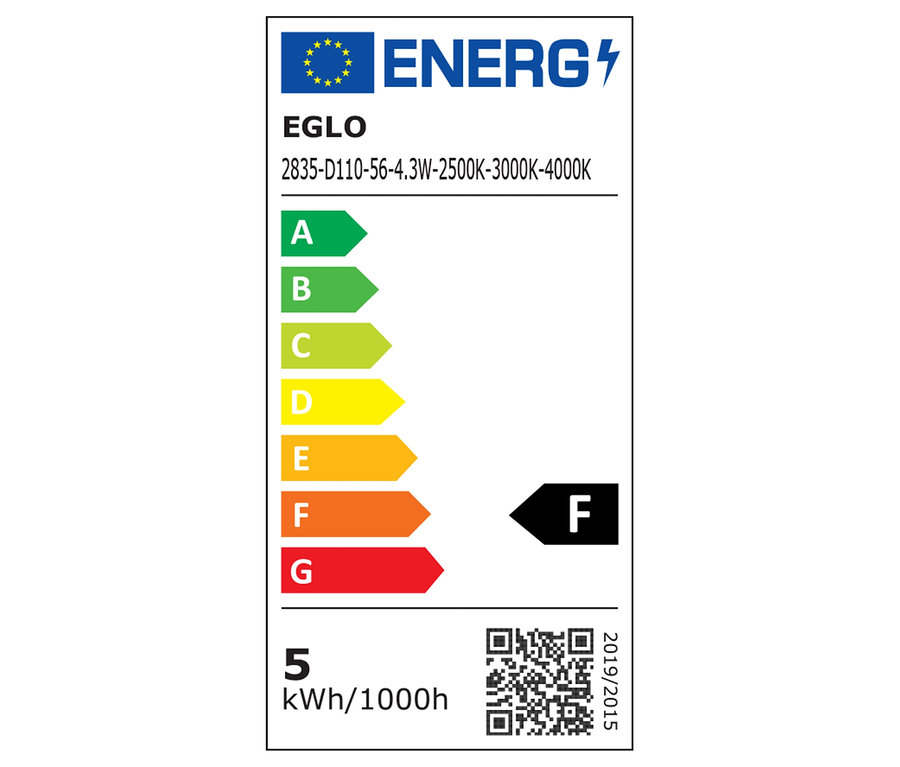 Energetický štítek EGLO 2835-D110-56-4.3W zobrazuje třídu energetické účinnosti F a spotřebu 5 kWh/1000h.