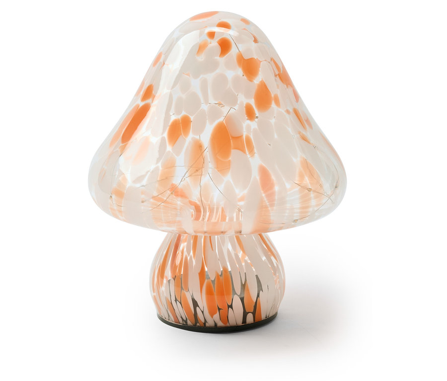 Skleněná lampa ve tvaru houby s oranžovo-bílými skvrnami a vnitřním osvětlením.