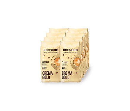 Šest krémových sáčků kávy Eduscho Crema Gold, každý s grafikou šálku kávy, uspořádaných v kaskádovém řadě.