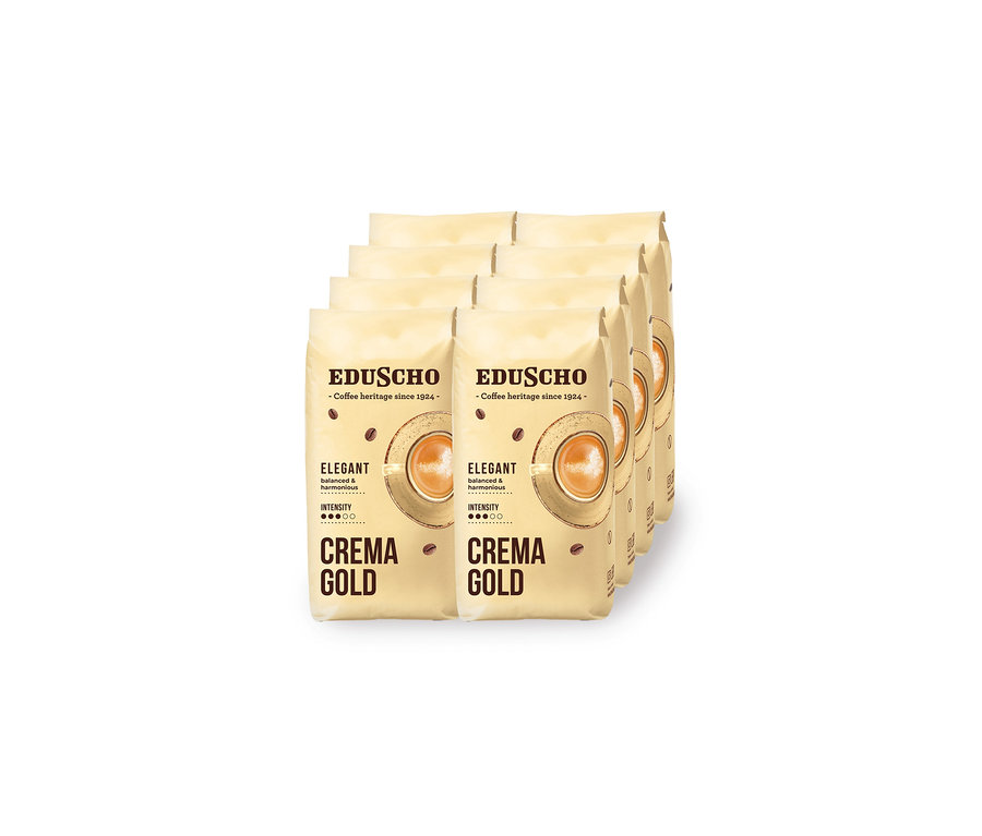 Šest krémových sáčků kávy Eduscho Crema Gold, každý s grafikou šálku kávy, uspořádaných v kaskádovém řadě.