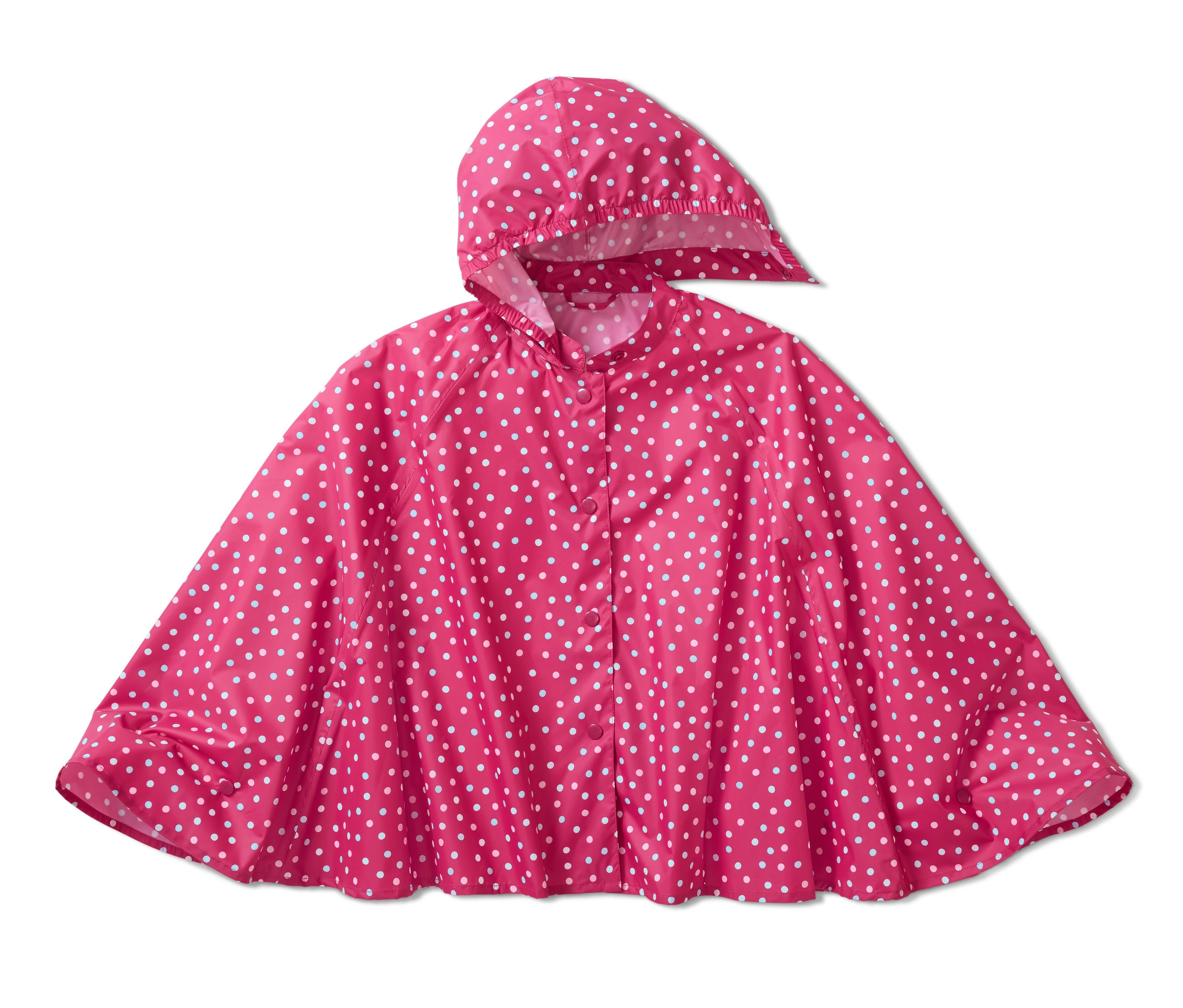 Růžová pláštěnka s bílými puntíky.