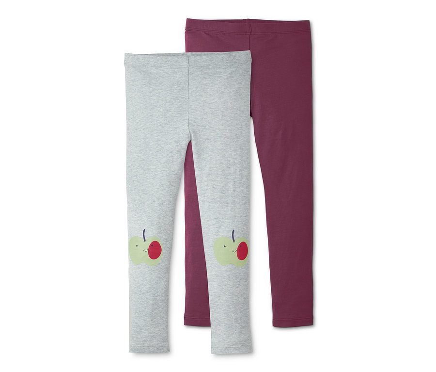 Dvoje legín. Jedny šedé legíny s nášivkou jablka a jedny bordó legíny.