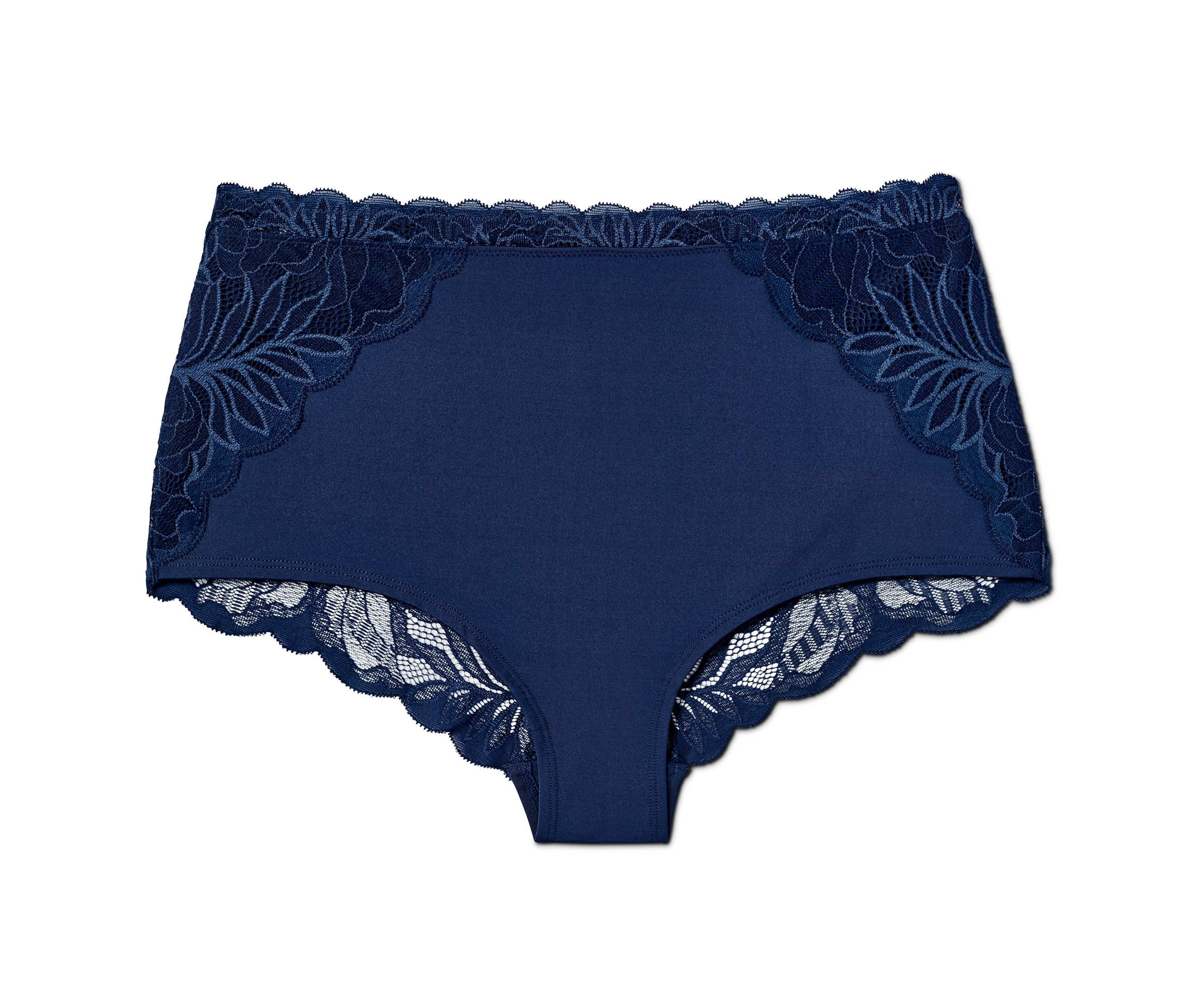 Tmavě modré stahovací kalhotky s krajkou.