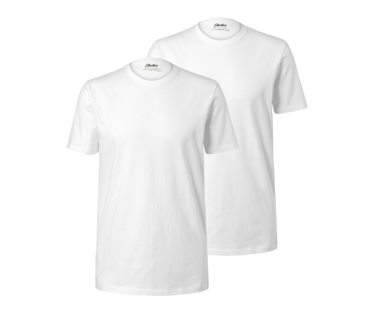 Dvě bílá trička s kulatým výstřihem.
