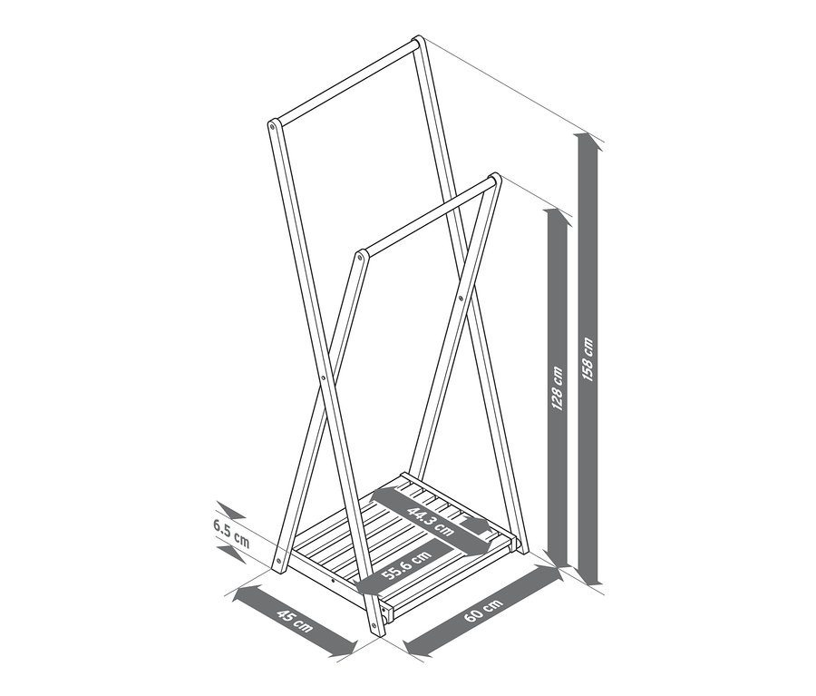 Nákres skládacího věšáku na šaty s uvedenými rozměry.