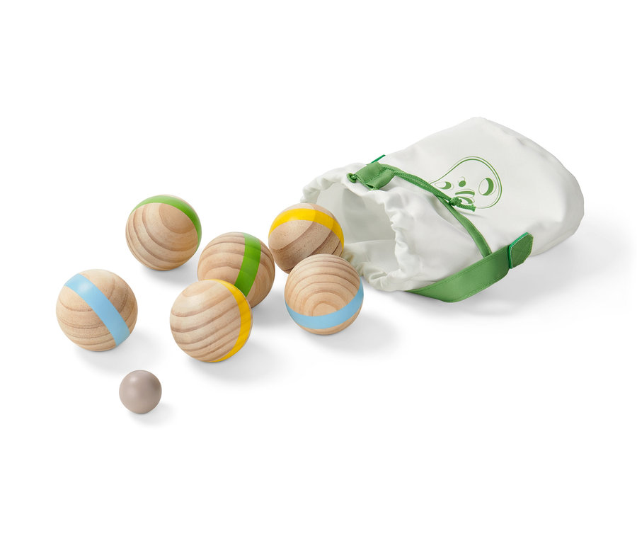 Sada na pétanque s barevnými pruhy a taškou.