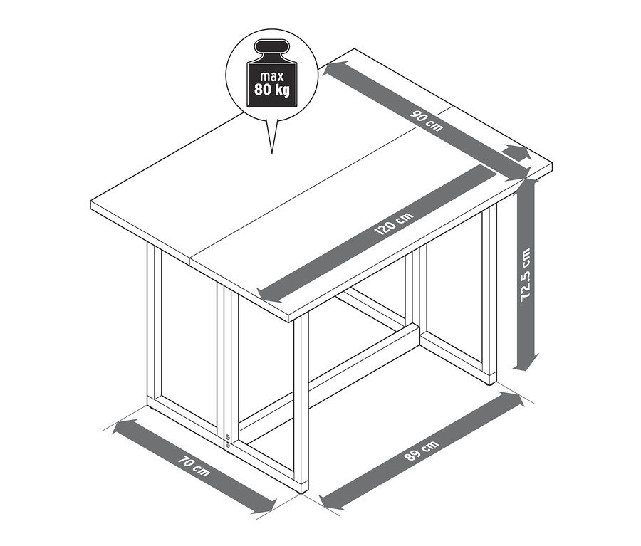 Nákres jídelního a pracovního stolu s rozměry.