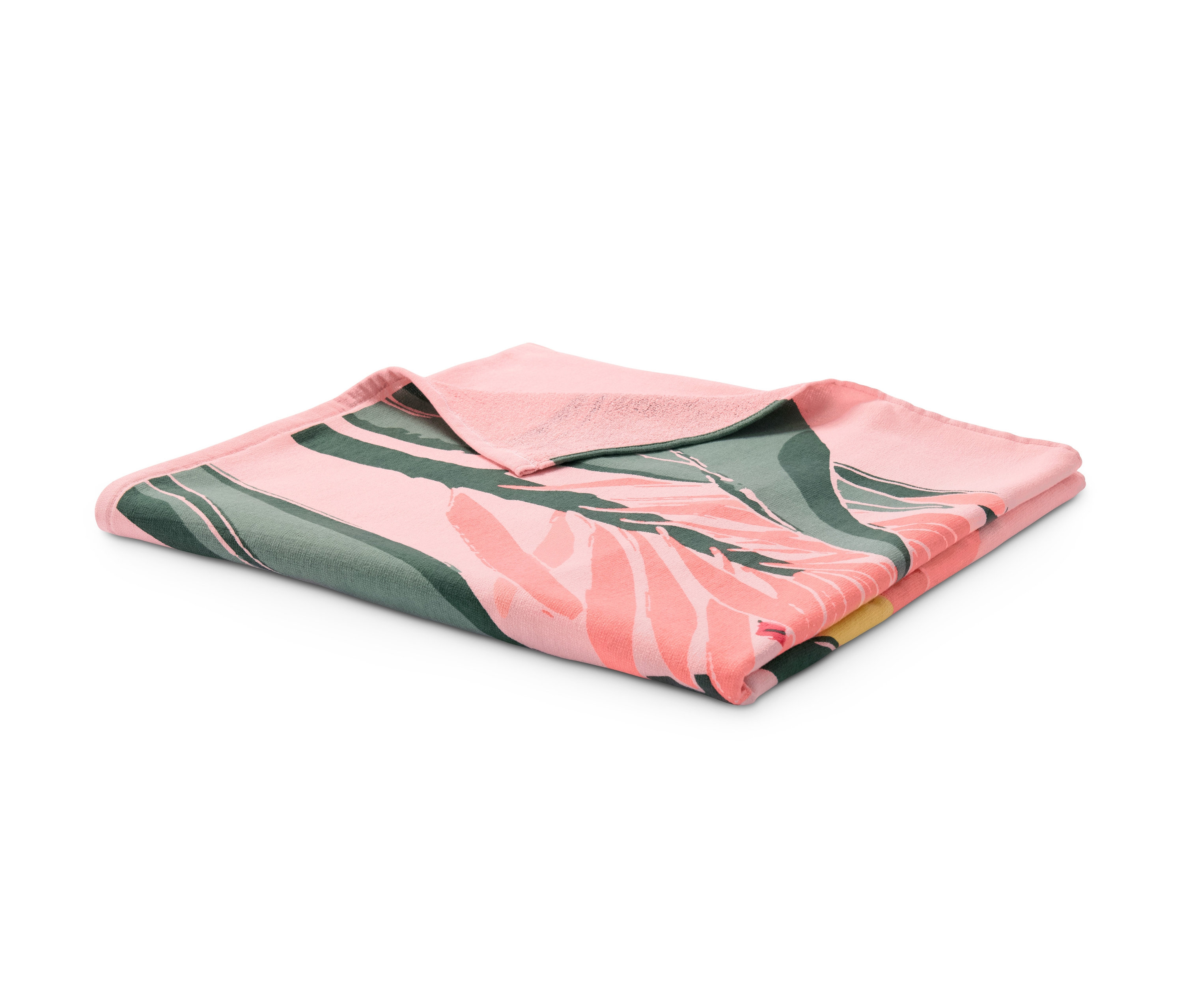 Složená plážová osuška XL s tropickým vzorem v růžové, zelené a žluté barvě.