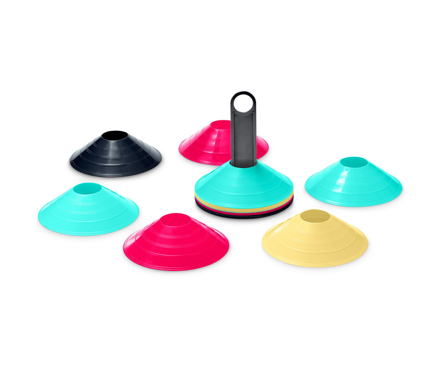 Sada tréninkových kuželů, 20 ks, v barvách černá, růžová, žlutá a tyrkysová.