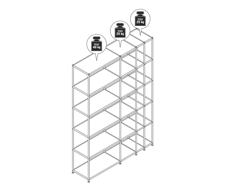 Bílý otevřený kovový regál CN3 s pěti policemi.