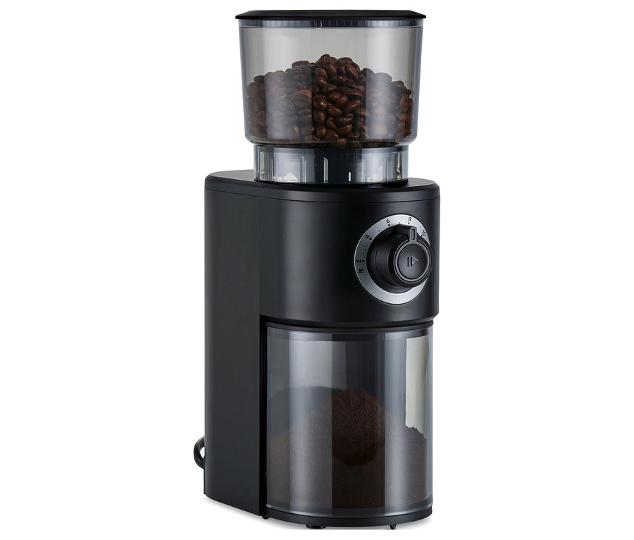 Černý elektrický mlýnek na kávu.