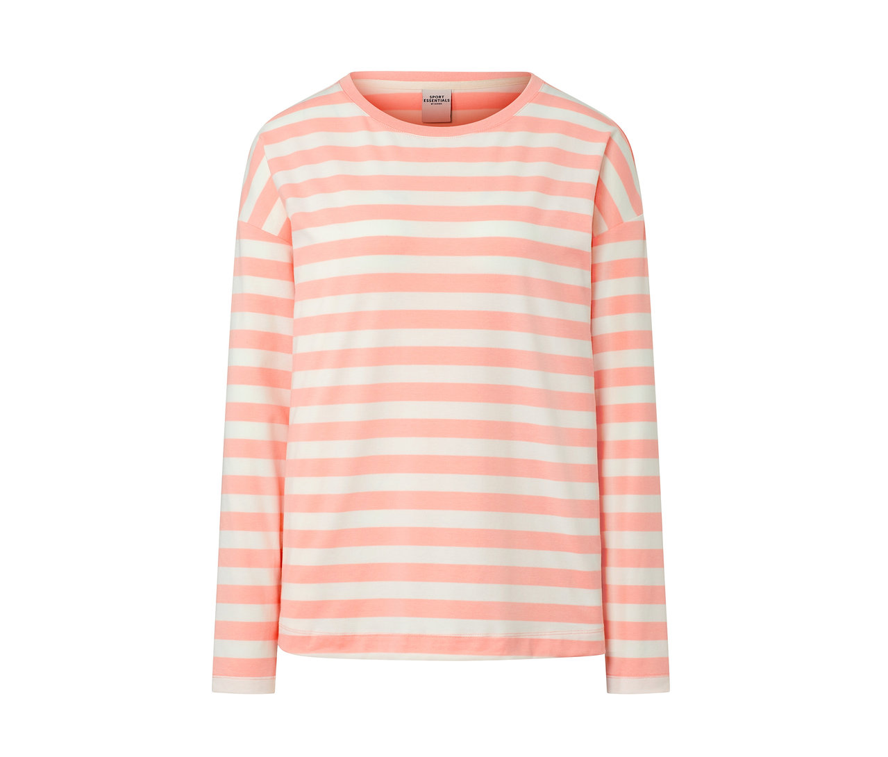 Funkční triko s dlouhým rukávem s růžovými a bílými vodorovnými pruhy.
