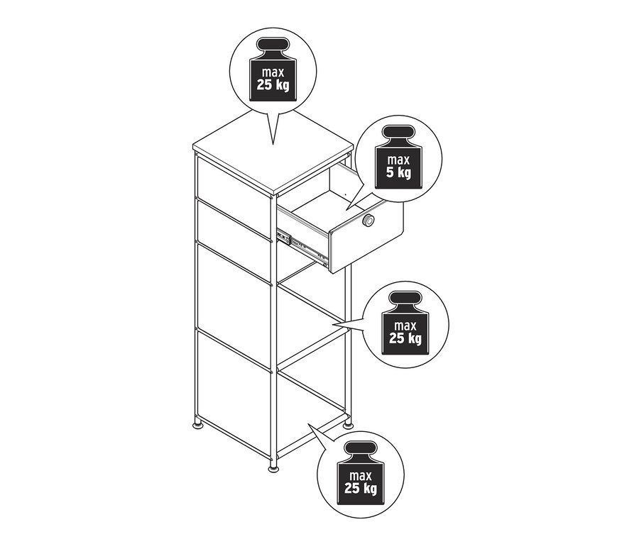 Nákres úzké bílé kovové komody »CN3« se dvěma zásuvkami a dřevěnou deskou, jedna zásuvka je otevřená.