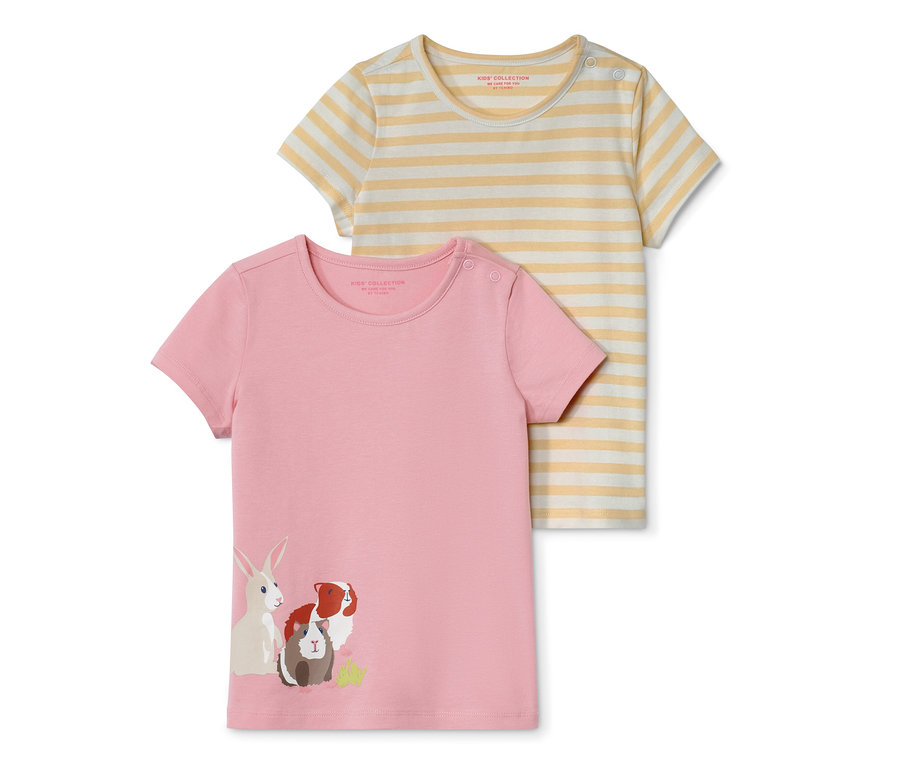 Dvě dětská trička: růžové s potiskem zvířat a žlutobílé pruhované.