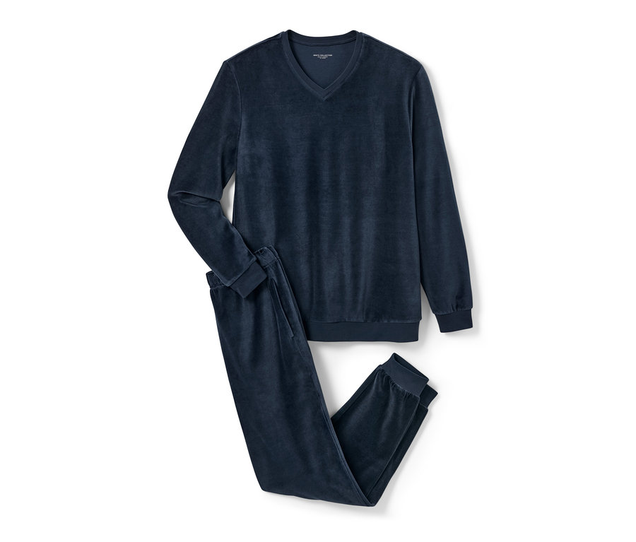 Tmavě modré plyšové pyžamo z úpletu s dlouhým rukávem a kalhotami.