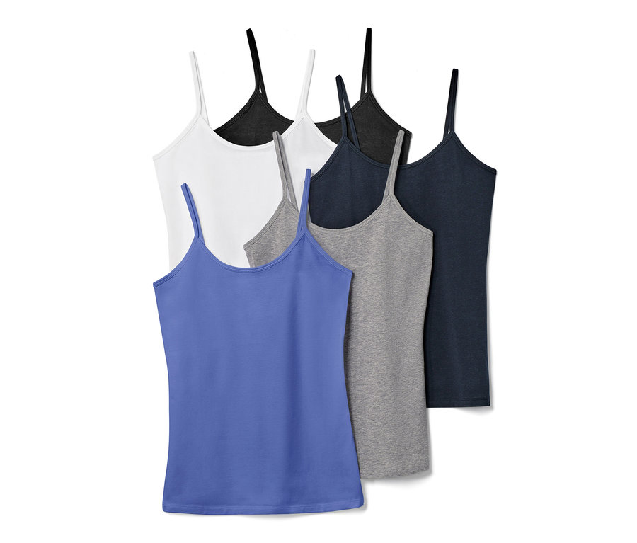 Pět tílek se špagetovými ramínky v modré, šedé, černé a bílé barvě.