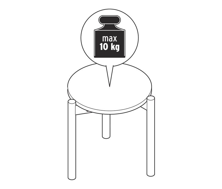Diagram znázorňuje kulatý stolek s maximální nosností 10 kg.