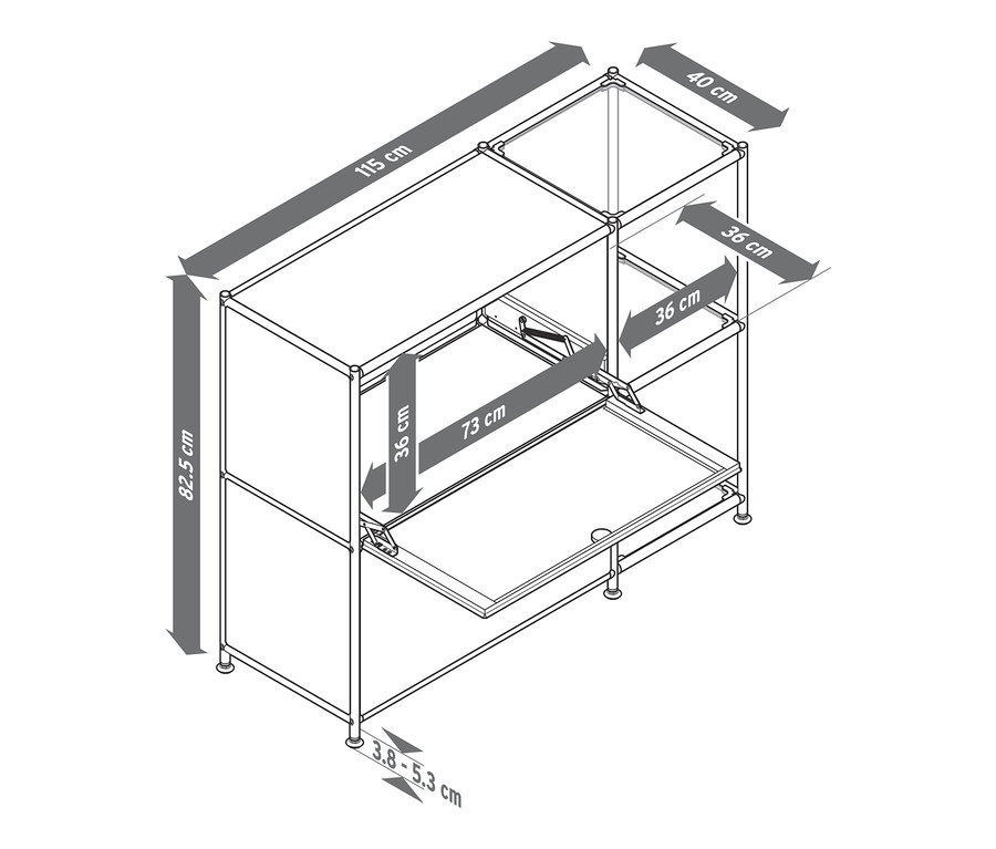 Ilustrace kovové odkládací skříňky »CN3« se 2 výklopnými dvířky a rozměry.