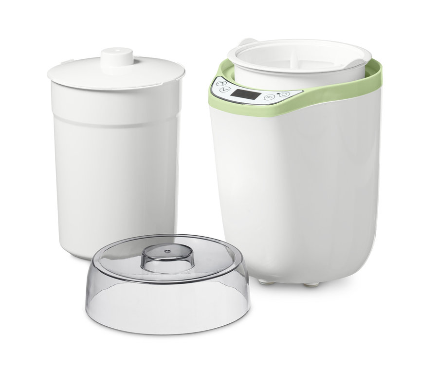 Bílý výrobník jogurtů a čerstvých sýrů s víkem a průhledným krytem.