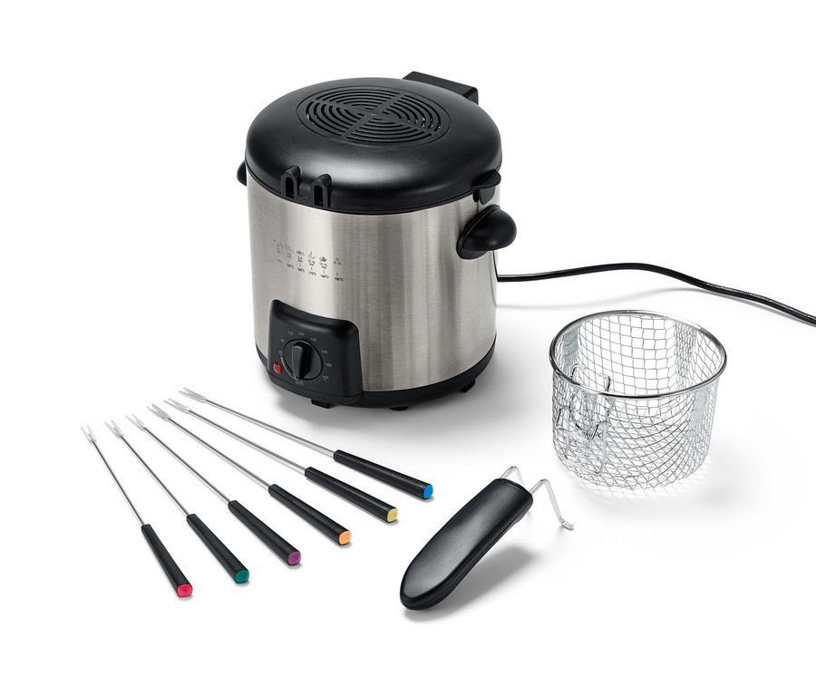 Mini fritéza a fondue se šesti barevnými vidličkami a košíkem.