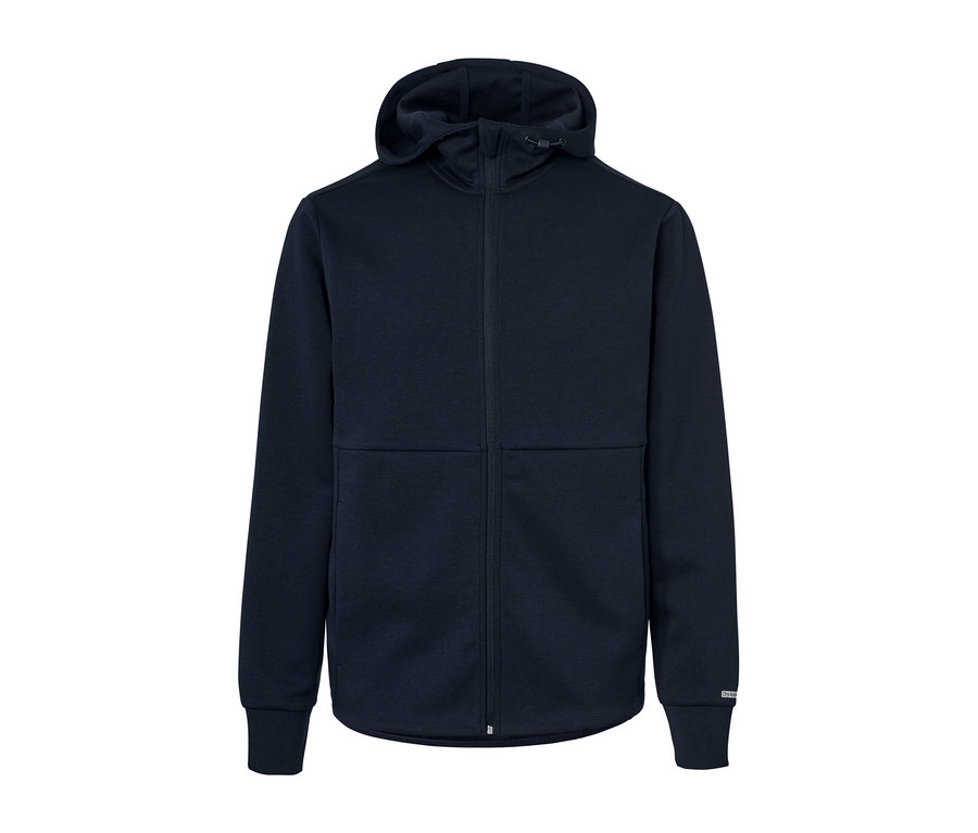 Tmavě modrá funkční mikina s kapucí a zipem.