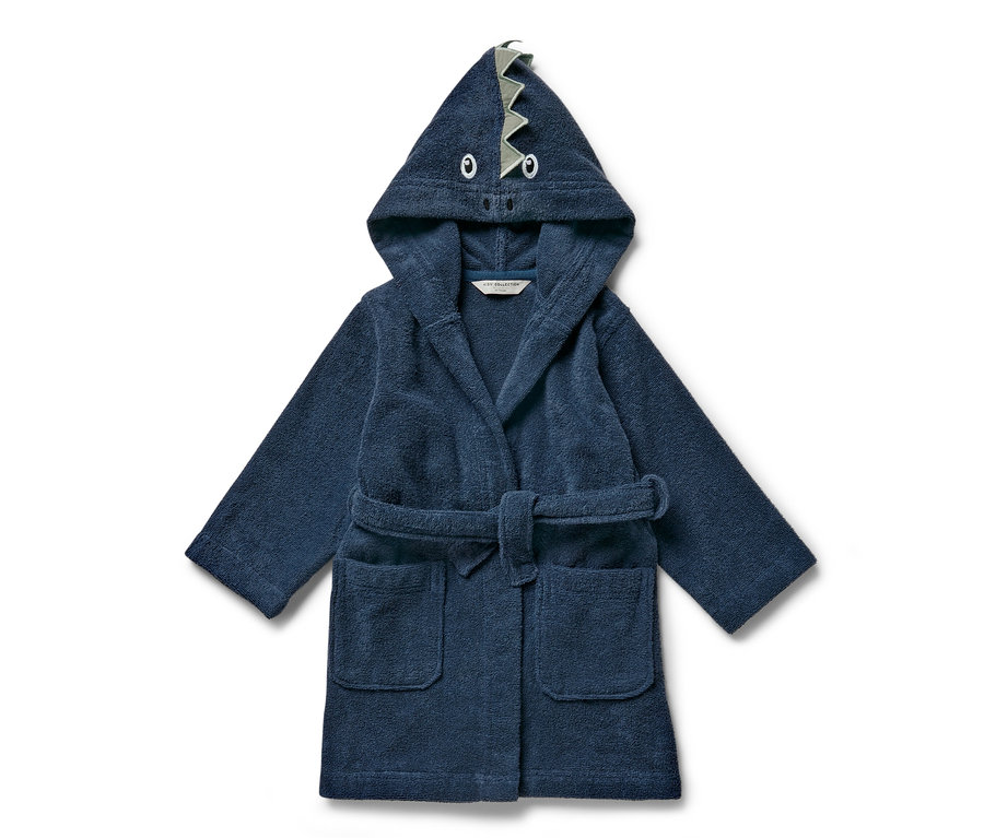 Modrý dětský župan s kapucí s motivem draka.