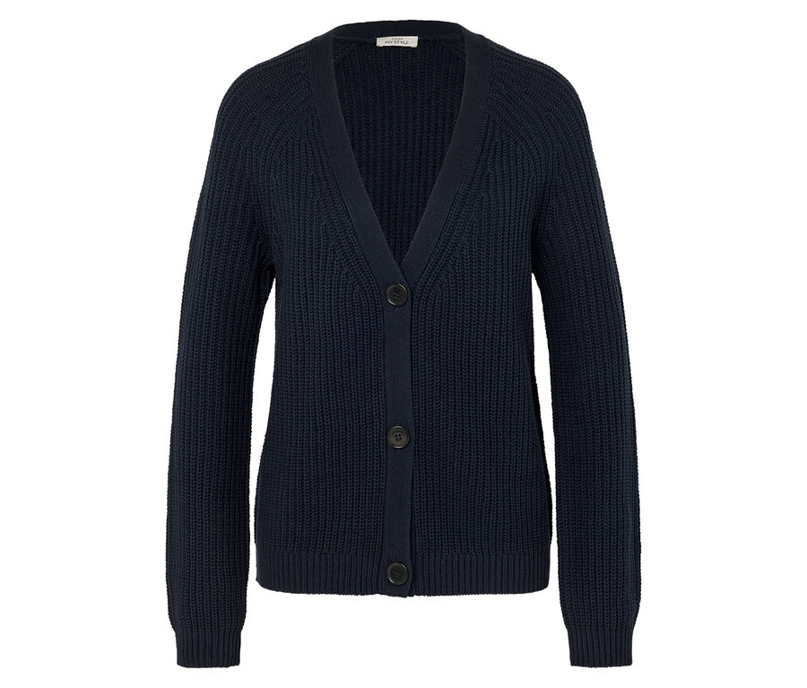 Tmavě modrý pletený kardigan se třemi knoflíky.