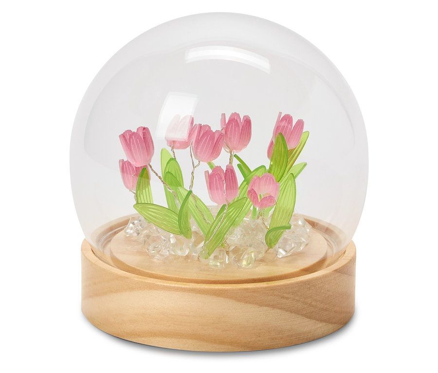 LED-DIY-Bastel-Set s růžovými tulipány pod skleněným kupolovým krytem.