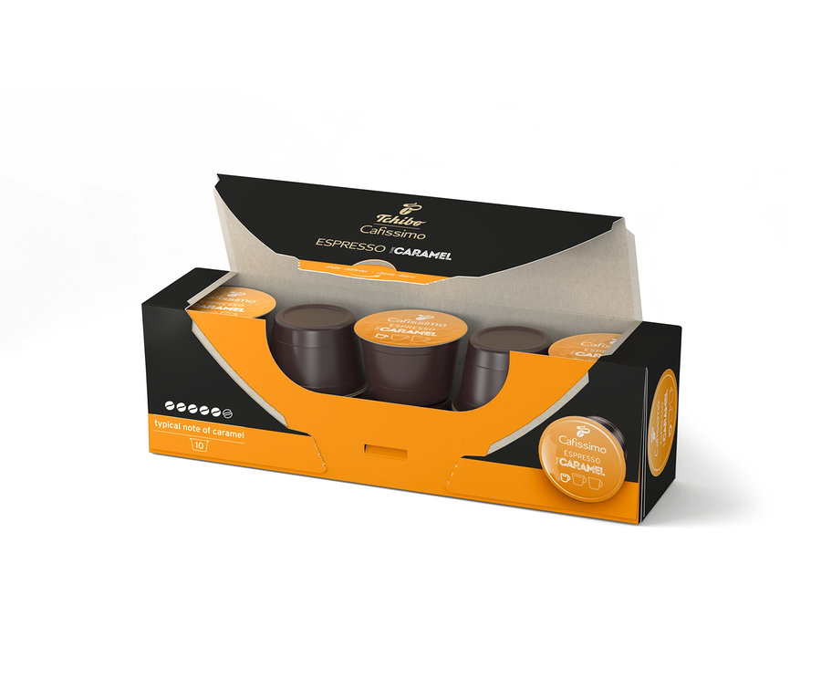 Otevřené balení kapslí Cafissimo Flavoured Edition Espresso Caramel – 10 kapslí.