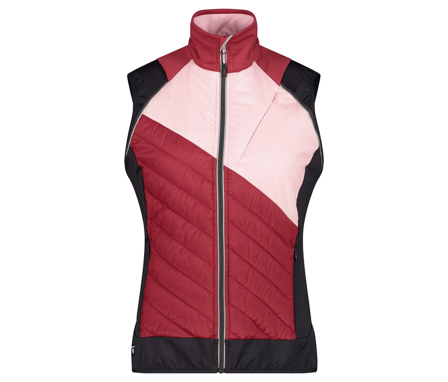 Prošívaná vesta s diagonálním barevným blokováním v růžové a bordó barvě a černými bočními panely.