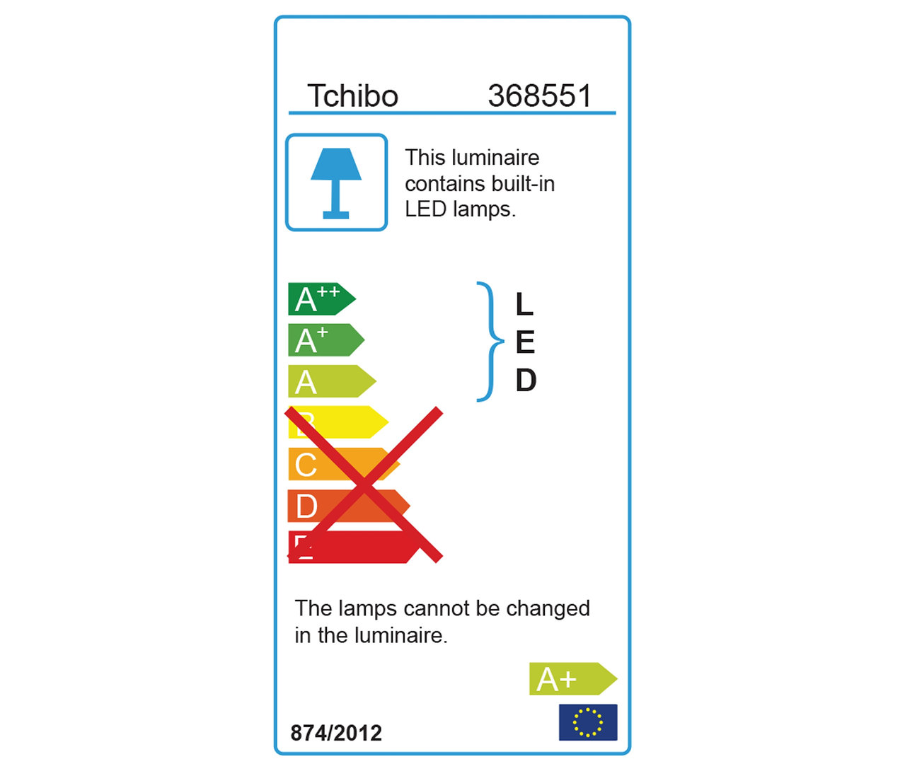 Energetický štítek Tchibo s třídami A++ až F, LED a informací o nevyměnitelnosti žárovek.